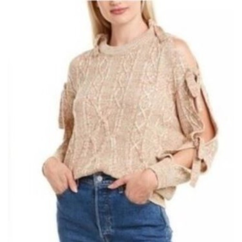 Project Naadam‎ Cold Shoulder Cable Knit Sweater Tan Bow Detail Women's Large